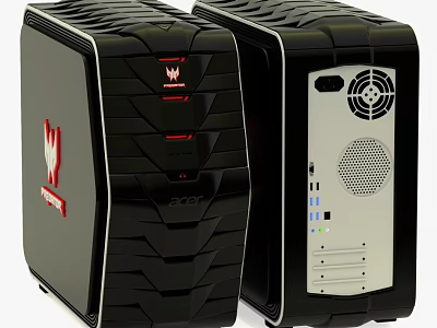 Two Black PC Towers With Red Logo And Modern Textured Design And Ventilation Holes 3d model