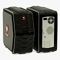 Two Black PC Towers With Red Logo And Modern Textured Design And Ventilation Holes