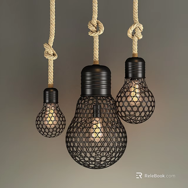 Industrial Style Black Mesh Cage Pendant Lights Hanging With Rope And Bulb Shape Design 3d model 