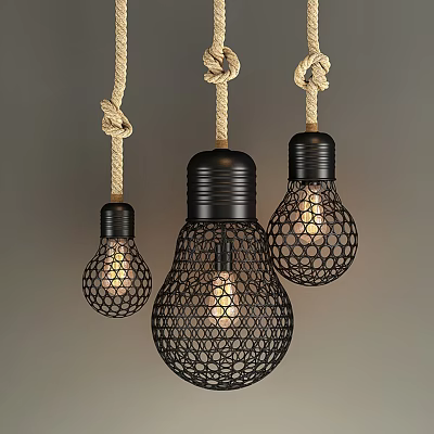 Industrial Style Black Mesh Cage Pendant Lights Hanging With Rope And Bulb Shape Design 3d model