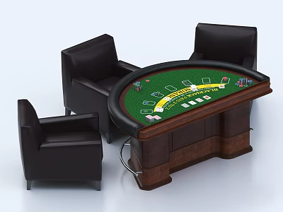 Casino Style Entertainment Table With Green Felt Surface Playing Cards Chips And Black Leather Chairs 3d model