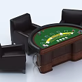 Casino Style Entertainment Table With Green Felt Surface Playing Cards Chips And Black Leather Chairs