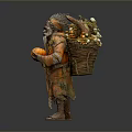 Old Forest Man In Ragged Clothes Carrying Pumpkin Plants And Vegetables
