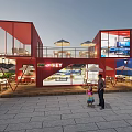 Vibrant Commercial Street With Colorful Buildings Neon Signs And Outdoor Dining Areas