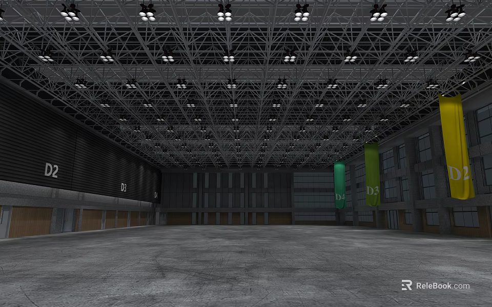 Large Indoor Venue With Metal Frame Ceiling Lighting Gray Floor And Numbered Banners 3d model 