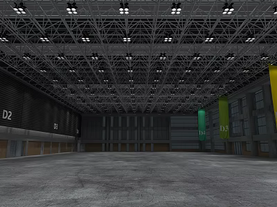 Large Indoor Venue With Metal Frame Ceiling Lighting Gray Floor And Numbered Banners 3d model