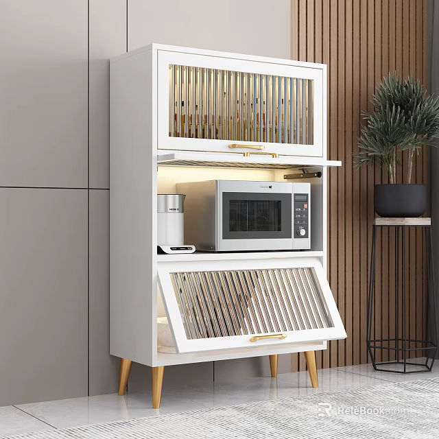Stylish White Buffet Cabinet With Glass Doors Microwave On Middle Shelf And Wooden Legs 3d model 
