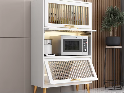 Stylish White Buffet Cabinet With Glass Doors Microwave On Middle Shelf And Wooden Legs 3d model