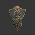 Ornate Teal and Gold Shield with Intricate Patterns and Central Gemstone
