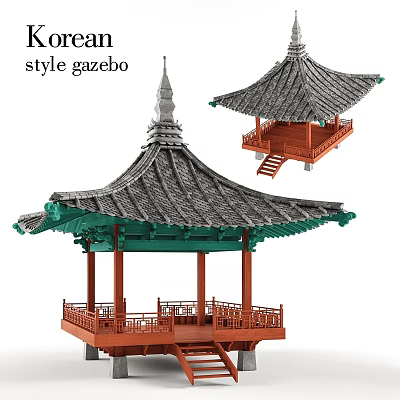 Garden Decorative Gazebo With Gray Tiled Roof Green Eaves Red Pillars Railings And Stairs 3d model