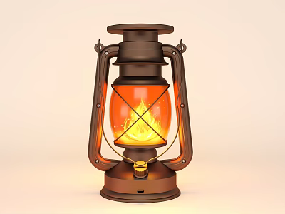 Vintage Outdoor Lantern With Brown Metal Frame Glass Shade And Burning Flame 3d model