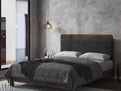 Cozy Bedroom Interior With Wooden Headboard Gray Blanket White Pillows And Black Pendant Light 3d model