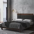 Cozy Bedroom Interior With Wooden Headboard Gray Blanket White Pillows And Black Pendant Light