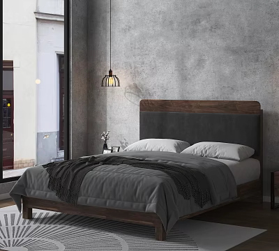 Cozy Bedroom Interior With Wooden Headboard Gray Blanket White Pillows And Black Pendant Light 3d model
