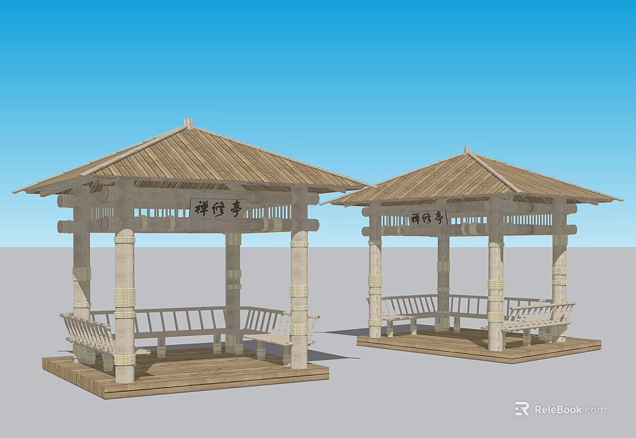 Chinese Traditional Garden Pavilions With Wooden Roofs Stone Columns And Benches 3d model 