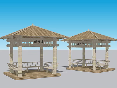 Chinese Traditional Garden Pavilions With Wooden Roofs Stone Columns And Benches 3d model
