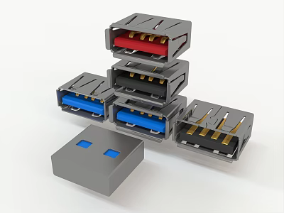 Gray Industrial Equipment Connectors with Red Blue Gold Pins Stacked and Scattered 3d model