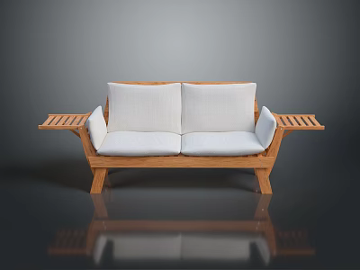 Two Seater Sofa With Wooden Frame White Cushions And Tray Armrest Design 3d model