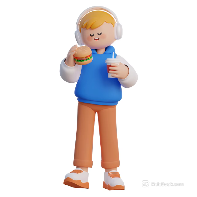 Happy Young Man Listening To Music With Headphones Eating Burger And Holding Drink 3d model 