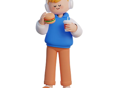 Happy Young Man Listening To Music With Headphones Eating Burger And Holding Drink 3d model