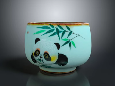 Light Blue Cup With Cute Panda Bamboo Leaf Design And Brown Rim 3d model