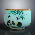 Light Blue Cup With Cute Panda Bamboo Leaf Design And Brown Rim