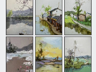 Modern Oil Painting Jiangnan Ink Landscape Ink Painting Jiangnan Town Hanging Painting Decorative Painting Oil Painting model