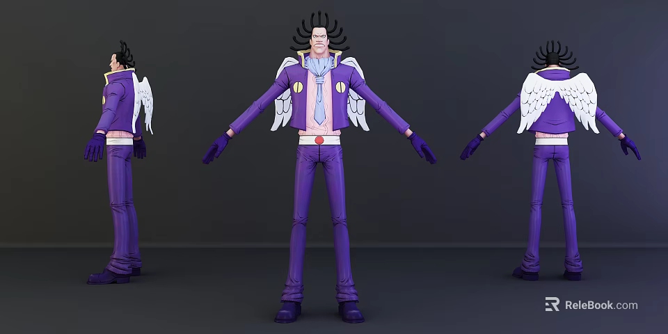 Game Movie Character With Black Curly Hair Purple Coat White Wings And Blue Tie 3d model 
