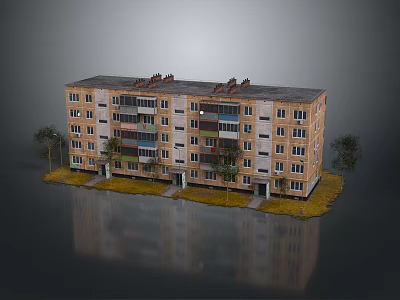 Multi Story Residential Building With Yellow Exterior Balconies Roof Structures And Small Trees Around 3d model