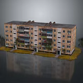 Multi Story Residential Building With Yellow Exterior Balconies Roof Structures And Small Trees Around