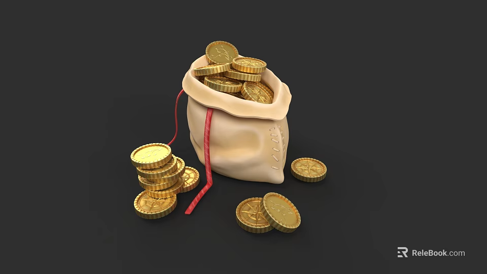 Shiny Gold Coins In Drawstring Bag With Scattered Coins On Black Surface 3d model 