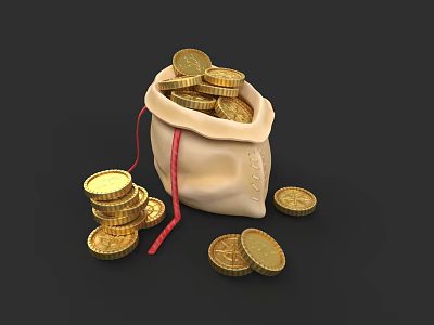 Shiny Gold Coins In Drawstring Bag With Scattered Coins On Black Surface 3d model