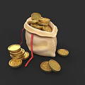 Shiny Gold Coins In Drawstring Bag With Scattered Coins On Black Surface