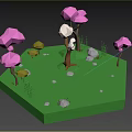 Cartoon Scene With Green Grass Pink Trees White Tree Stones And Small Plants