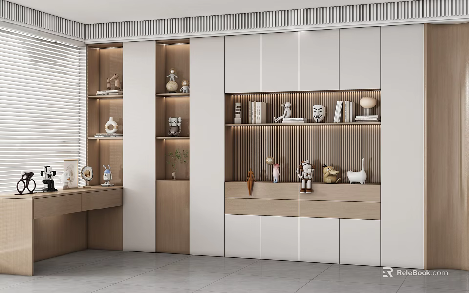 Modern Bookcase Interior Design With Wooden White Finish Open Shelves And Decorative Items 3d model 