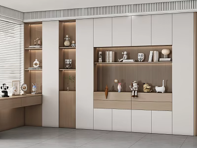 Modern Bookcase Interior Design With Wooden White Finish Open Shelves And Decorative Items 3d model