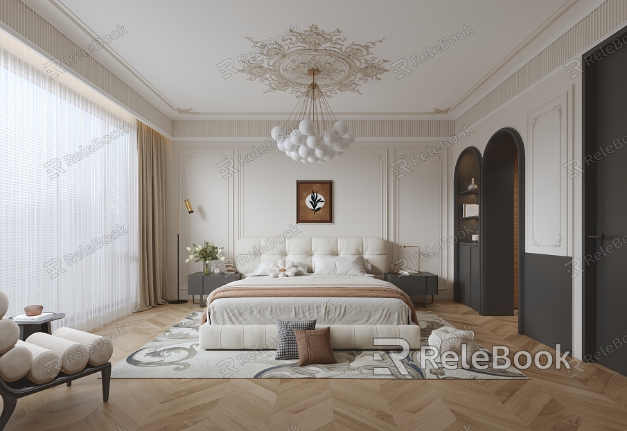 French Antique Master Bedroom Cloakroom Double Bed Single Sofa Chandelier Background Wall model