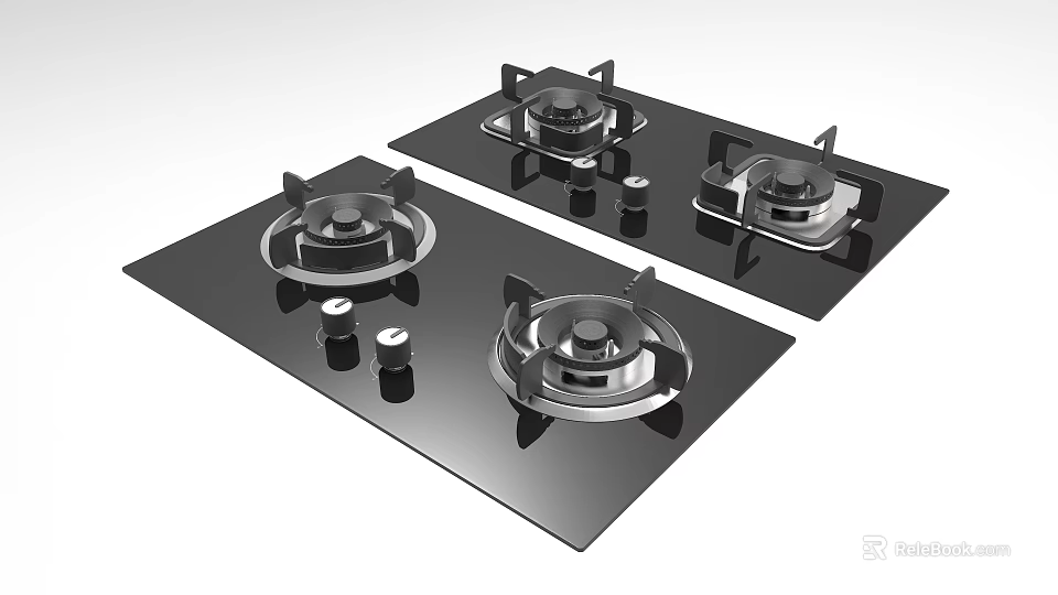 Modern Black Glass Gas Cooktops With Four Burners And Control Knobs 3d model 