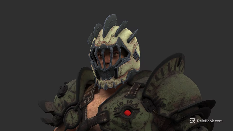 Warrior Character With Spiked Helmet And Green Armor Red Eye Symbol On Muscular Torso 3d model 
