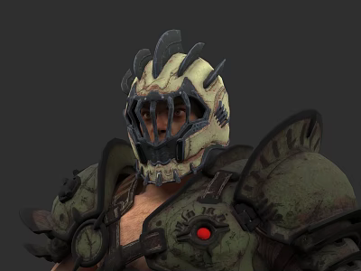 Warrior Character With Spiked Helmet And Green Armor Red Eye Symbol On Muscular Torso 3d model