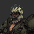 Warrior Character With Spiked Helmet And Green Armor Red Eye Symbol On Muscular Torso