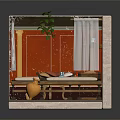 Cartoon Scene Featuring Red Walls White Curtains Plant Daybeds Small Table And Colorful Tiled Floor