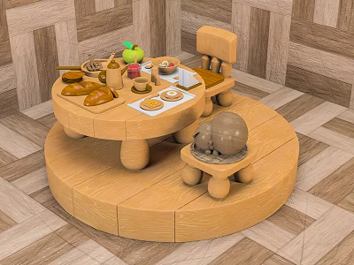Wooden Ornament Decoration Set With Round Table Food Models Chair And Small Stool On Platform 3d model