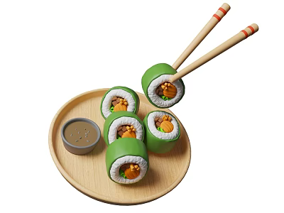 Green Sushi Rolls on Wooden Plate with Orange Filling Sauce and Chopsticks 3d model