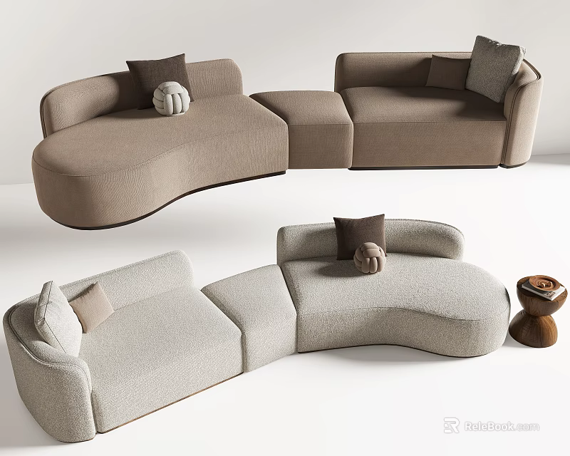 Modern Curved Sectional Sofa Design Light Beige Gray with Decorative Pillows and Wooden Side Table 3d model 