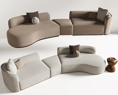 Modern Curved Sectional Sofa Design Light Beige Gray with Decorative Pillows and Wooden Side Table 3d model