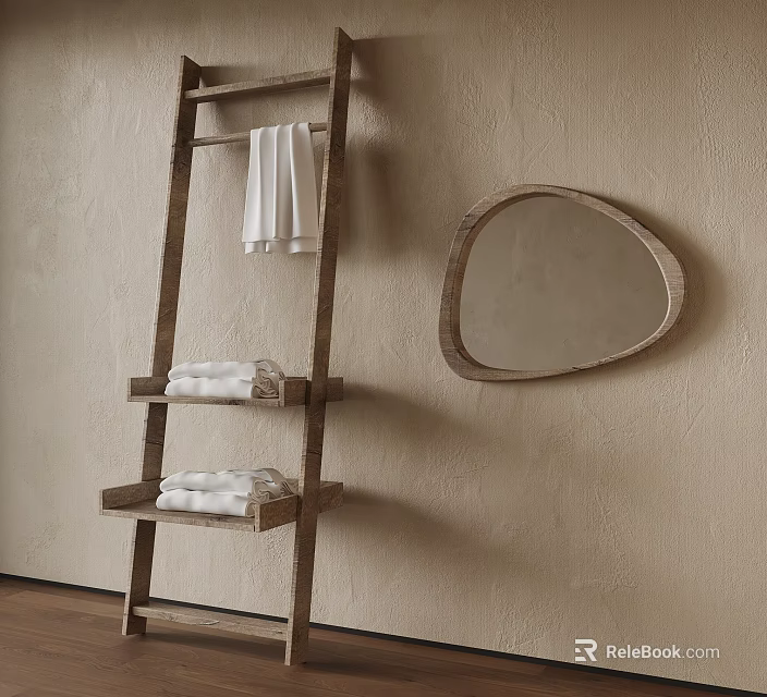 Bathroom Accessories With Wooden Towel Ladder Folded White Towels And Oval Wooden Mirror On Wall 3d model 