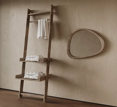 Bathroom Accessories With Wooden Towel Ladder Folded White Towels And Oval Wooden Mirror On Wall 3d model