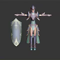 Female Warrior In Blue Teal Full Armor Holding Shield And Helmet Standing On Dark Background