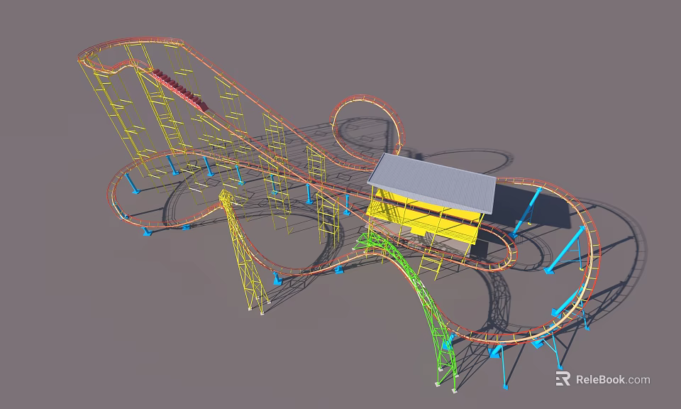 Fun Colorful Roller Coaster Track With Yellow Cabin In Kids Playground 3d model 